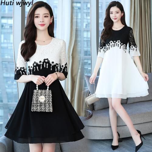 2021 Vintage 5XL Plus Size Black White Lace Dresses Summer New Solid Chiffon Mini Sundress Women Bodycon Elegant Party Vestidos