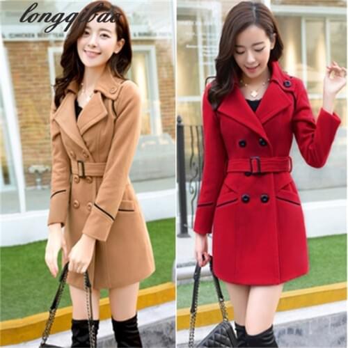 2019 New Spring Woolen Coat Trench Women Slim Double Breasted Black Winter Coats Long Outerwear for Women TB7667