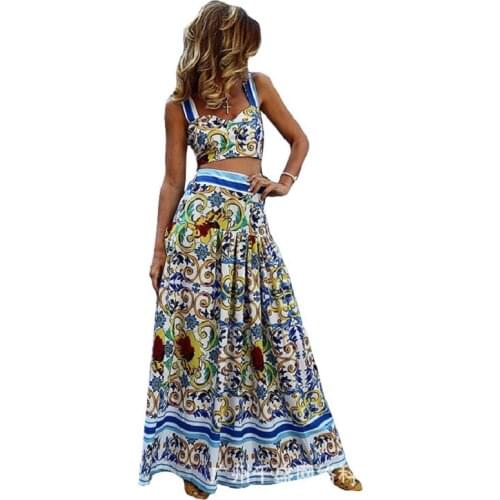 2021 New Style Spaghetti Strap Women Beach Dress Fashion Print Flower High Waist Summer Long Dresses Party Vestido Midi Elegante