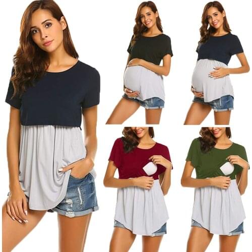 2021 Women Maternity Breastfeeding Tee Nursing Tops Contrast Color Short Sleeve T-shirt Plus Size S-2XL Maternity Clothing Tees