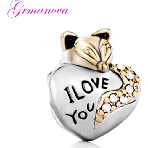 Valentines Day gift fox golden heart-shaped charm beads DIY handmade jewelry accessories amulet Fit Pandora Bracelet Necklace