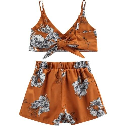 Citgeett Summer Kids Girls Floral Print Clothes Set Sleeveless V-neck Lace-up Cropped Tops + Short Pants Clothing