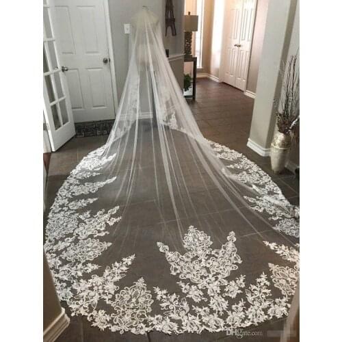 4M Long Cathedral Length Bridal Veils with Appliques In Stock Long Wedding Veils Vestido De Noiva Longo Wedding Veil