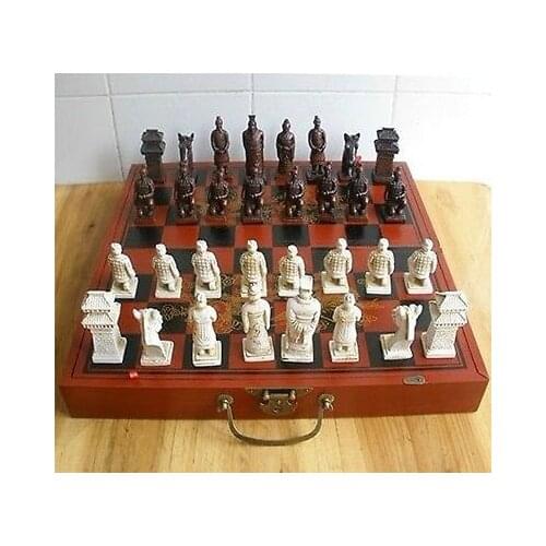 Chinese 32 pieces chess set/box/Xian Terracota Warrior Garden Decoration 100% real Tibetan Silver Brass