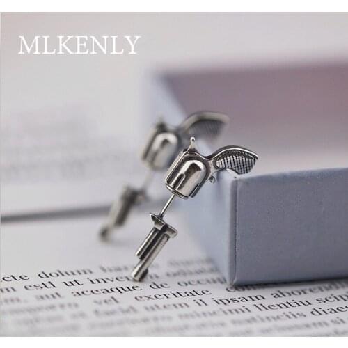 MLKENLY INS 100% 925 sterling silver Personality trendy retro old cold pistol shape stud earrings for women Jewelry