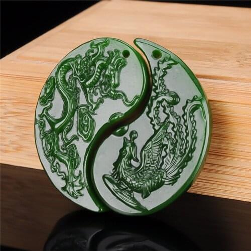 Set Natural Green Hand Carved Dragon and Phoenix Jade Pendant Fashion Boutique Jewelry Mens and Womens Necklace Accessories