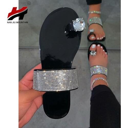 NAN JIU MOUNTAIN Summer Flat Slippers Women Sandals Rhinestone Beach Shoes Waterproof Black shoes Toe Sandals