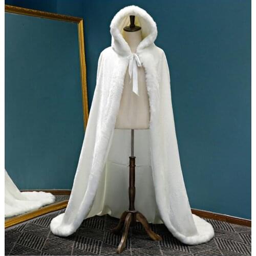 New Warm Faux Fur Trim Winter Bridal Cape Stunning Wedding Cloaks Hooded Long Party Wraps Jacket Bridal White/Ivory Wrap