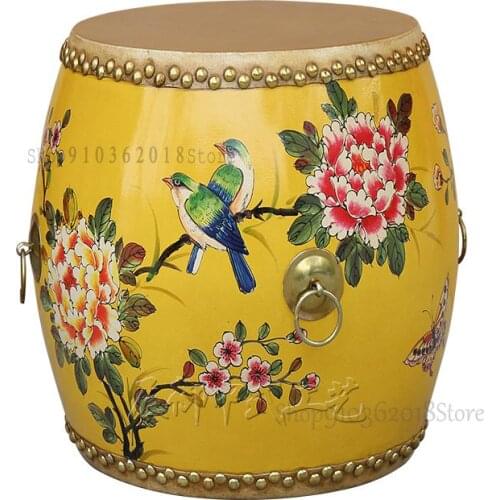 45cm Characteristic Drum Stool Cowhide Solid Wood Hand-painted Painted New Chinese Style Shoe Changing Stool Stool Low Stool Dre