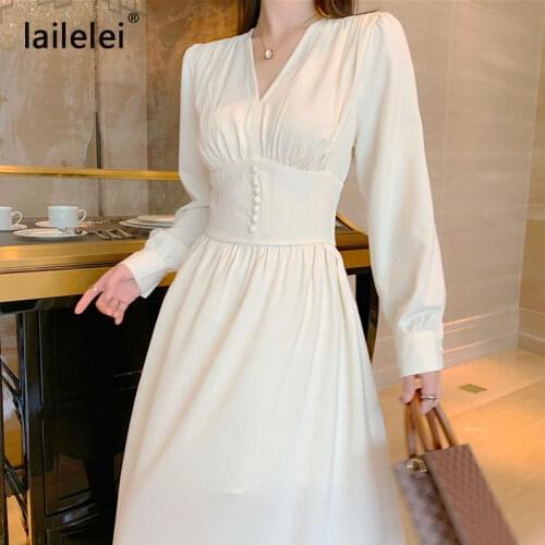 Button Chiffon V-Neck Puff Long Sleeve Midi Beige Dress Women A-Line High Waist Vestidos French Elegant Holiday Party Spring New