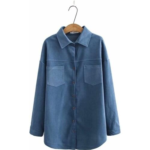 Plus size Corduroy cotton solid blue pink black pocket women loose thick shirts 2021 new winter casual ladies blouse female tops