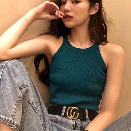 Sexy Solid Color Women Ribbed Sleeveless Slim Halter Tanks Top Knit Vest Blouse