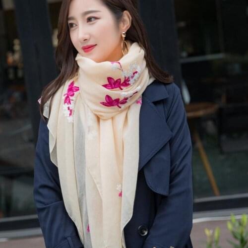Women Ethnic Cotton Linen Embroidered Flower Scarf Soft Wrap Cover Up Cape Shawl Breathable, Soft, Comfortable, Floral Pattern