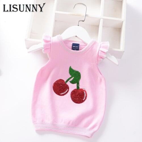 Girls Sweater Vest Sequined Cherry Baby Autumn 2021 New Childrens Knit Vest Pullover Kids Sweater Top Toddler Clothes O-Neck