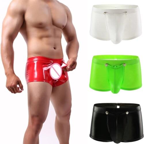 Sexy Mens Boxers Front Open Removable Faux Leather WetLook Lingerie Stage U Convex Pouch Patent Leather Boxer Shorts Underwear