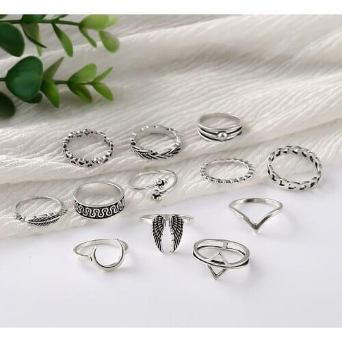 Vintage Wings Triangle Crescent Geometric Heart Rings Woman Leaf Totem 12Pcs/Set Black Silver Ring Set 2021 Trendy Jewelry Girl