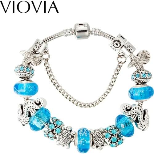 VIOVIA New Antique Silver Color Charms Crystal Bracelets & Bangles Jewelry Blue Bracelets For Women Pulseras Mujer B16034