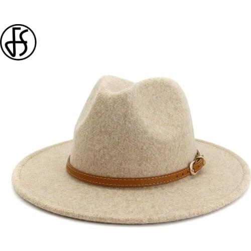 FS Beige Wool Fedora Hat For Women Fashion Mens Felt Jazz Hat With Belt Casual Unisex 2020 New Fall Winter Wide Brim Hats Trilby