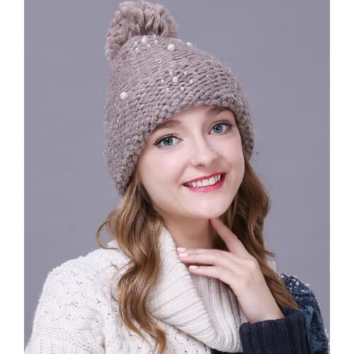 Lady Handmade Pompom Hat Girls Beaded Knitting Wool Hat Ladies Fall Winter Pullover Cap Winter Warm Hat Adjustable B-8646