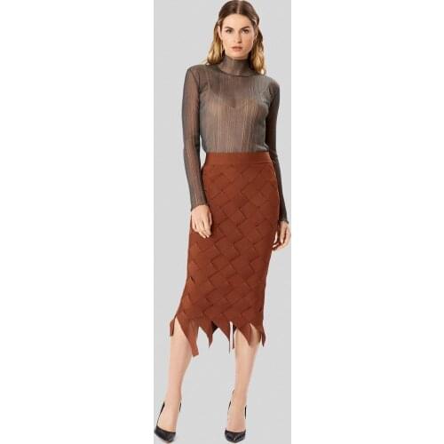 Hight Quality Autumn New Fashion Brown Mid Knee Length Bandage Skitr 2020 Vintage Elegant Femal Pencil Skirt Vestios