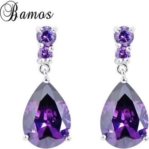 Bamos New Stylish White Gold Filled Water Drop Earrings For Women Geometric Zircon Colorful Female Wedding Jewelry Gifts Ear0030