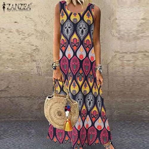 Women Bohemian Sleeveless Beach Sundress ZANZEA Summer Casual O Neck Floral Printed Long Dress Loose Maxi Vestidos Sarafans Robe