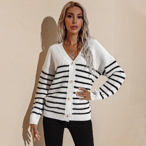 Autumn Winter Knitted Cardigan Sweater Women V-Neck Long Sleeve Button Striped Sweaters Coat Casual Loose Tops Sueters De Mujer