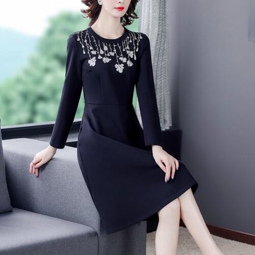 Spring Casual Plus Size Solid Embroidery Dress Autumn Vintage Floral Long Sleeve Midi Dress Elegant Women Bodycon Party Vestidos