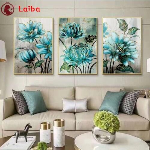 DIY Diamond Painting Abstract art blue golden flowers Full Square Diamond Embroidery Cross Stitch sets Mosaic Handmade Gift3pcs
