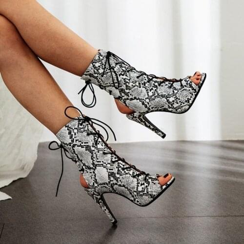 Ochanmeb Biggest Size 46 47 Open Peep Toe Boots Women Spring Summer Snake Skin Print Shoes HIgh Heels Leopard Boots Cross Tied