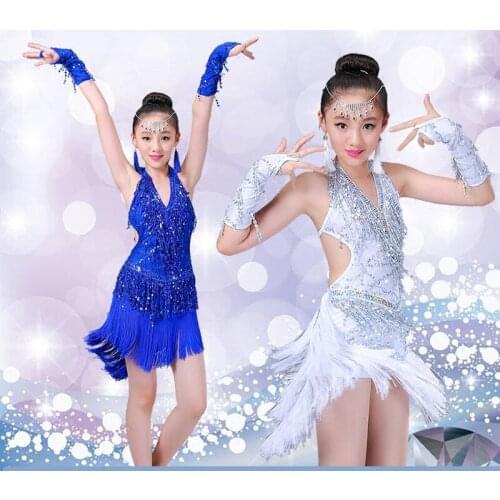 Children Sequined Latin Ballroom Dance Dress Kids Girls Dancewear Fringe Skirts Latin Stage Dance Costume Clothing Children