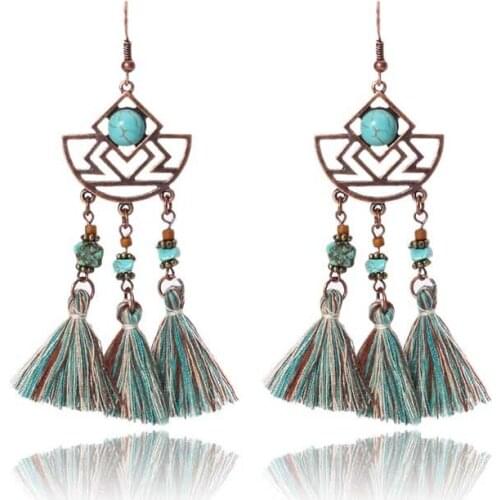 Ethnic Women Fashion Long Drop Colorful Feather Green Earrings Bohemia Dream Catcher Feather Tassel Pendant Earrings Jewelry