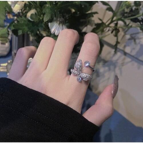 2021 Silver Micro-inlaid Zircon Butterfly Ring Index Finger Temperament Net Red Personality Adjustable Ring For Women Jewelry