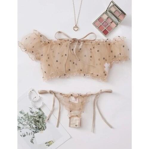 Sweet Sexy Floral Mesh Lingerie Set 2 Pcs Suits Women Off Shoulder See Through Lace Up Crop Top+Thong Panties Briefs Sleepwear