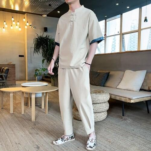 Summer Chinese Style Clothing Mens Tang Hanfu Youth Antique Suit Short Sleeve Clothes Cotton Two Piece Set Top Shirt + Pants