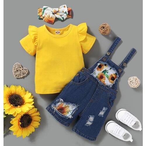Summer Baby Girls Clothing Toddler Casual Fashion Infant Clothes Suits T Shirt Strap Shorts Sunflower Print Sets Costume