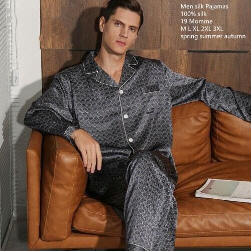 Naizaiga 19 Momme 100% silk print rice deep gray print turn-down collar long sleeve long pants men pajamas suit , SKFS20