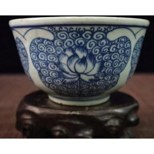 Early collection of old porcelain bowls with blue and white flower patterns