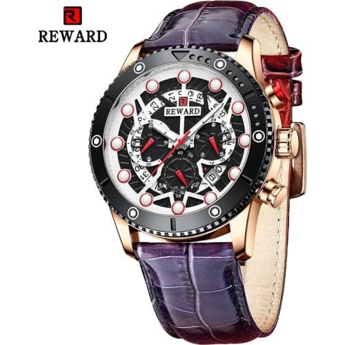 New Reward Fashion Mens Quartz Wristwatch Sport Waterpoof Genuine Leather Alloy Watches Chronograph Luminous Man Wrist Watches