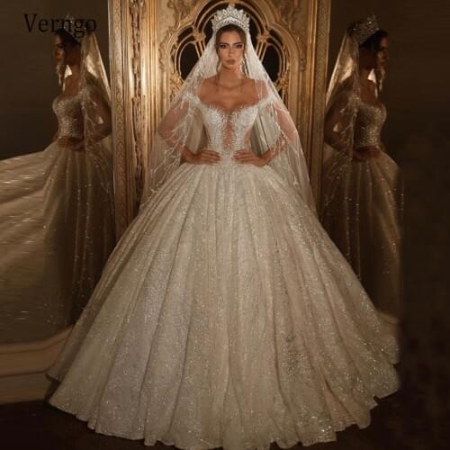 Verngo Luxury Dubai Wedding Dress Off Shoulder 2021 Ball Gown Bride Dress Shiny Lace Long Cathedral Train Royal Bridal Gowns