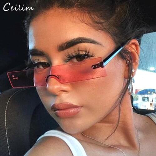 New Rectangle Sunglasses Women 2021 Fashion Luxury Brand Designer Red Pink Clear Small Rimless Sun Glasses Flat Top Shades UV400