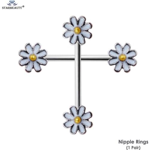 Starbeauty 2pcs Cute White Daisy Nipple Ring Helix Earring Pearl Flower 14G Barbell Nipple Piercing Stainless Steel Body Jewelry