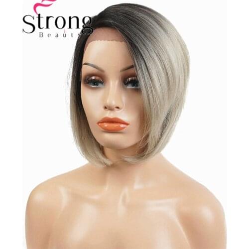 StrongBeauty Bob Lace Front Wig with L Part Lace Wig Ombre Blonde Black Root Hand tied Invisible Synthetic Straight Wigs