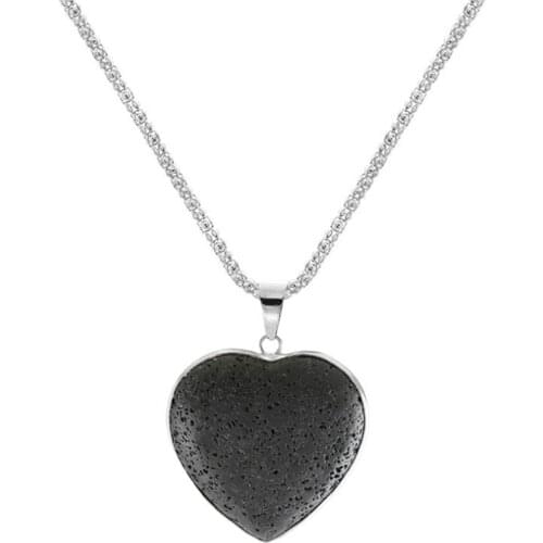 FYJS Unique Silver Plated Romantic Love Heart Pendant Black Lava Stone Necklace for Valentines Day Jewelry