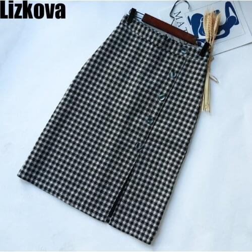 Lizkova Plaid Midi Skirt Women Korean High Waist Front Split Faldas Winter 2020 Single Breasted Official Ladies Jupes XYY2102