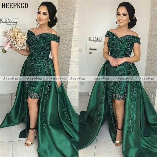 Green Luxury Beads Arabic Evening Dress Detachable Train Off The Shoulder Plus Size Formal Dresses Women Wedding Party Gowns
