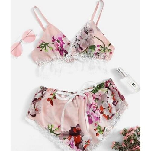 Women 2pcs Satin Lace Sleepwear Sexy Spaghetti Strap Shorts Pajama Set Ladies Sleepwear female Pajama Party Set