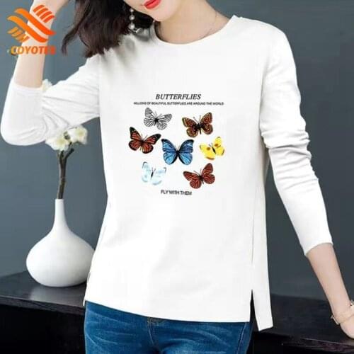 COYOTES T-Shirts Womens Long Sleeve T-Shirt O-Neck Butterfly Print Tops Korean Style Loose Trendy Large Size Bottoming Shirt