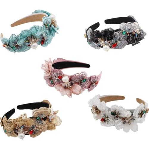 Women Sweet Multi Layered Embroidery Butterfly Headband Faux Pearl Rhinestone Embellished Hair Hoop Dance Party Headwear