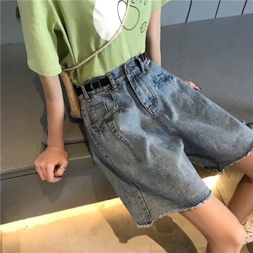Female 2021 Womens High Waist Wide Legs Blue Knee-length Denim Shorts Casual Loose Jeans Vintage Ladies Wild Short Pants Y747